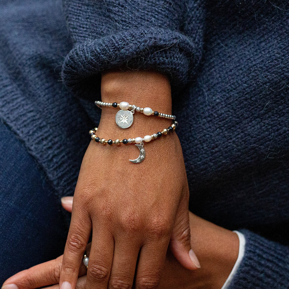 North Star & Moon bracelet with Sapphire, 14k gold & Pearls
