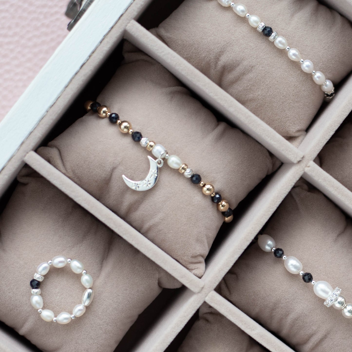 Sapphire, Pearls & 14k gold Moon charm bracelet