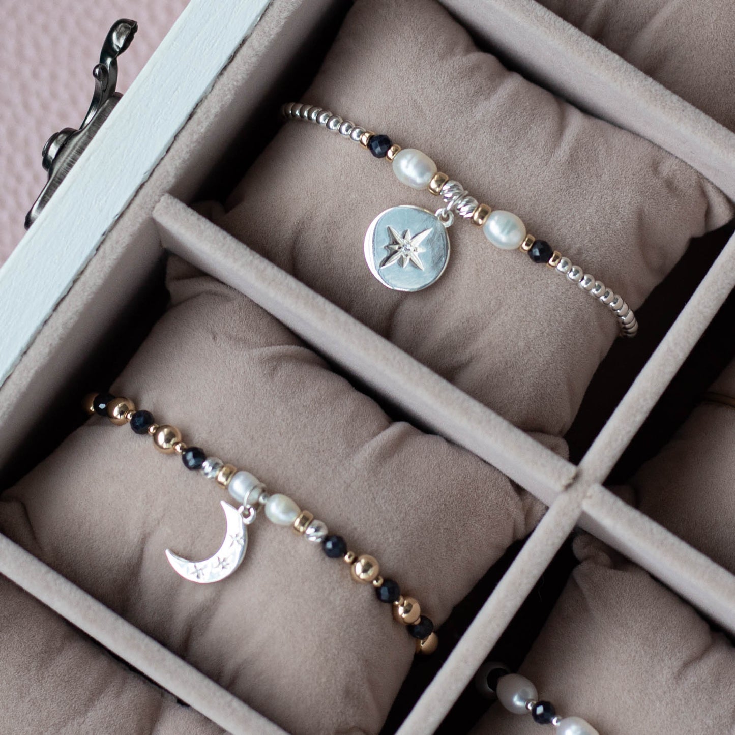 North Star and Moon with Sapphire, 14k gold & Pearls set