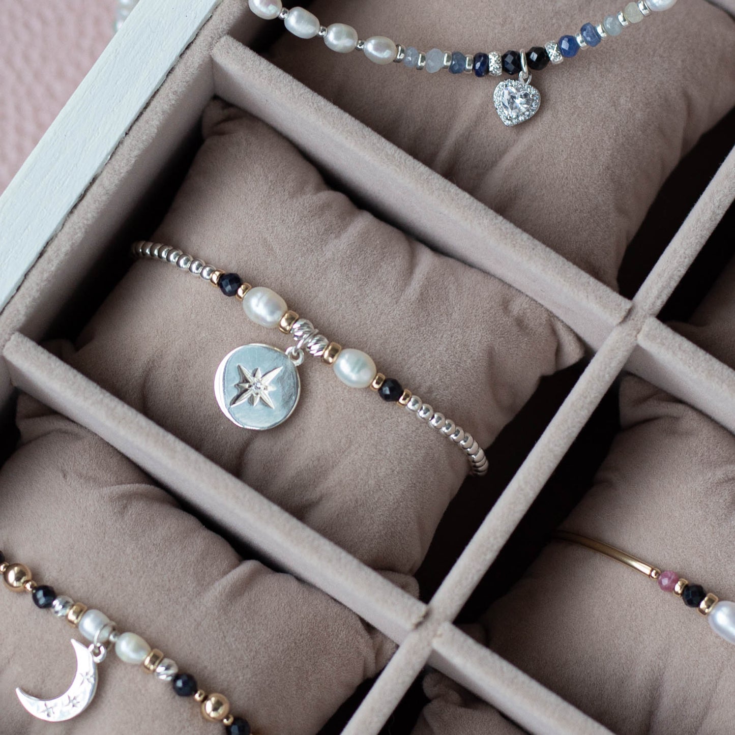 North Star & Moon bracelet with Sapphire, 14k gold & Pearls