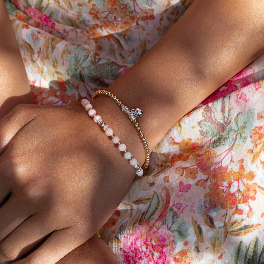 Romantic AAA quality Pink Opal stacking silver bracelet with 14k gold filled beads