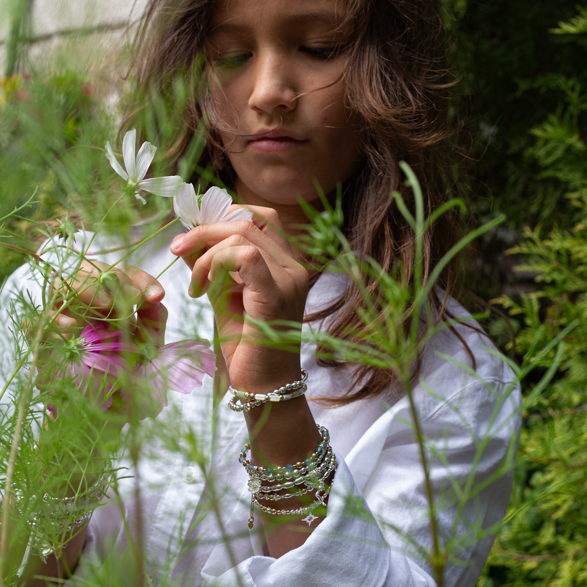14k gold filled and silver Flower girl's bracelet with Apatite gemstone