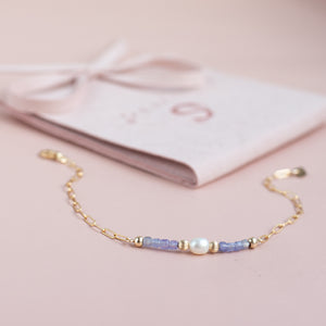 Minimalist 14k gold filled link chain bracelet with Tanzanite and Pearl