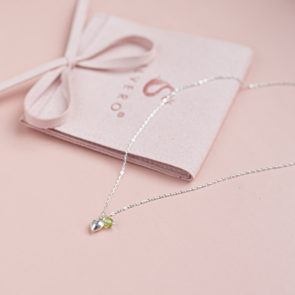 Delicate silver necklace with Peridot gemstone and tiny Heart charm