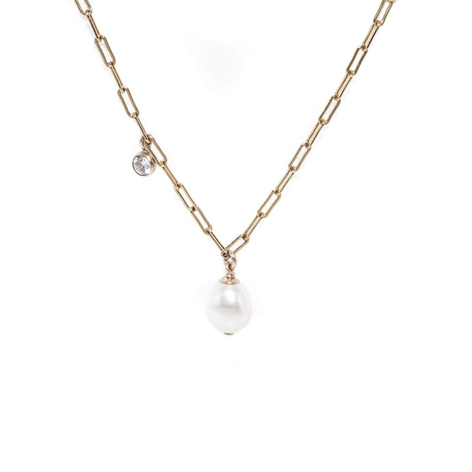 Baroque pearl 14k gold filled link chain necklace with Cubic Zirconia stone