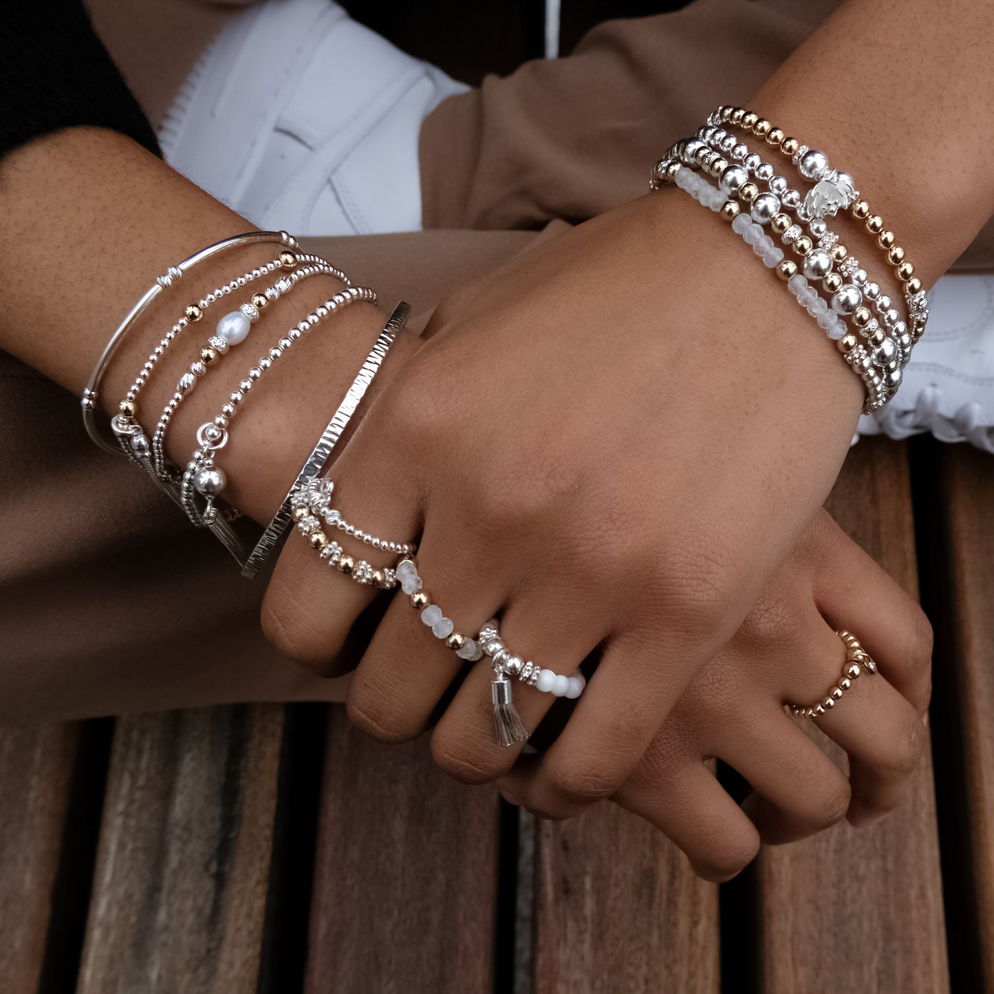 Luxury Lotus bracelet stack with 14k gold filled beads and Moonstone gemstone