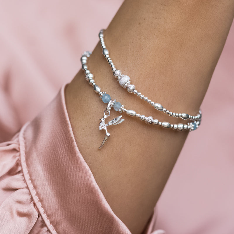 Magical Fairy charm 925 sterling silver elastic/stretch stack with Aquamarine gemstone