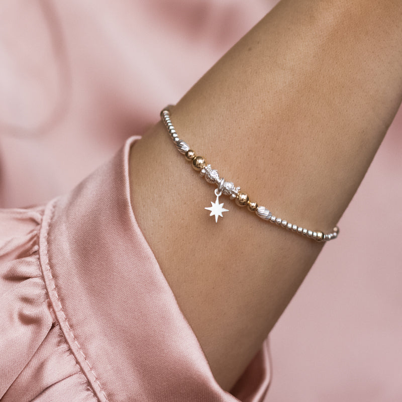 Minimalist dazzling 925 sterling silver and 14k gold filled bracelet with North Star charm