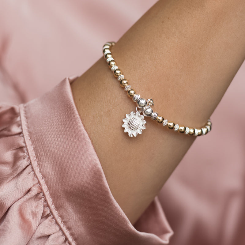 Adorable Sunflower 925 sterling silver and 14k gold filled stacking bracelet