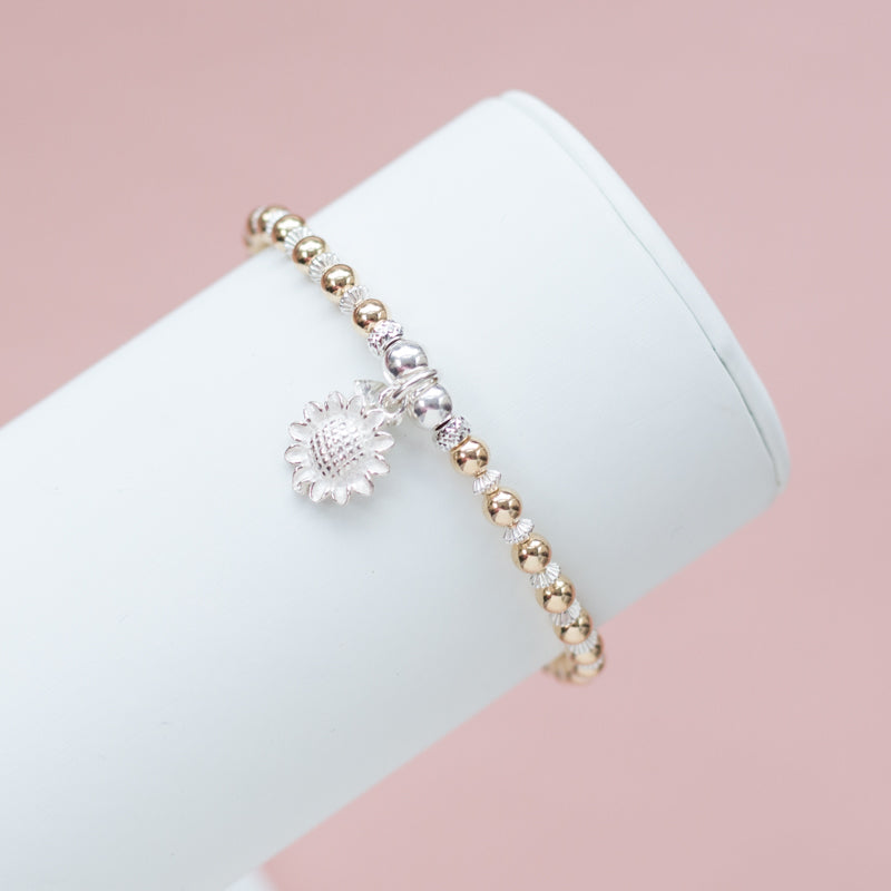 Adorable Sunflower 925 sterling silver and 14k gold filled stacking bracelet