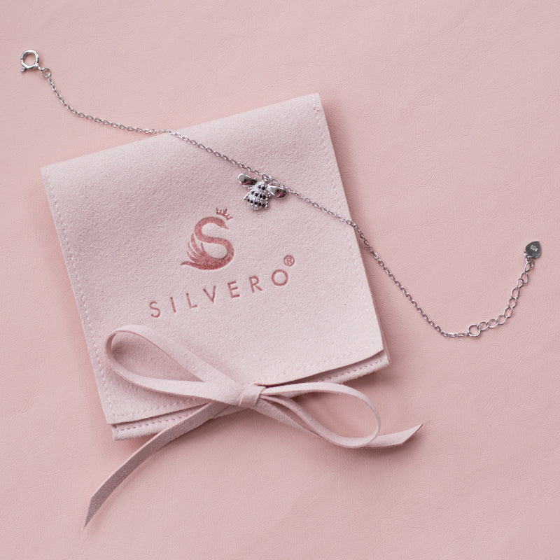 Adorable tiny Bee silver bracelet with Cubic Zirconia stones - Rhodium plated