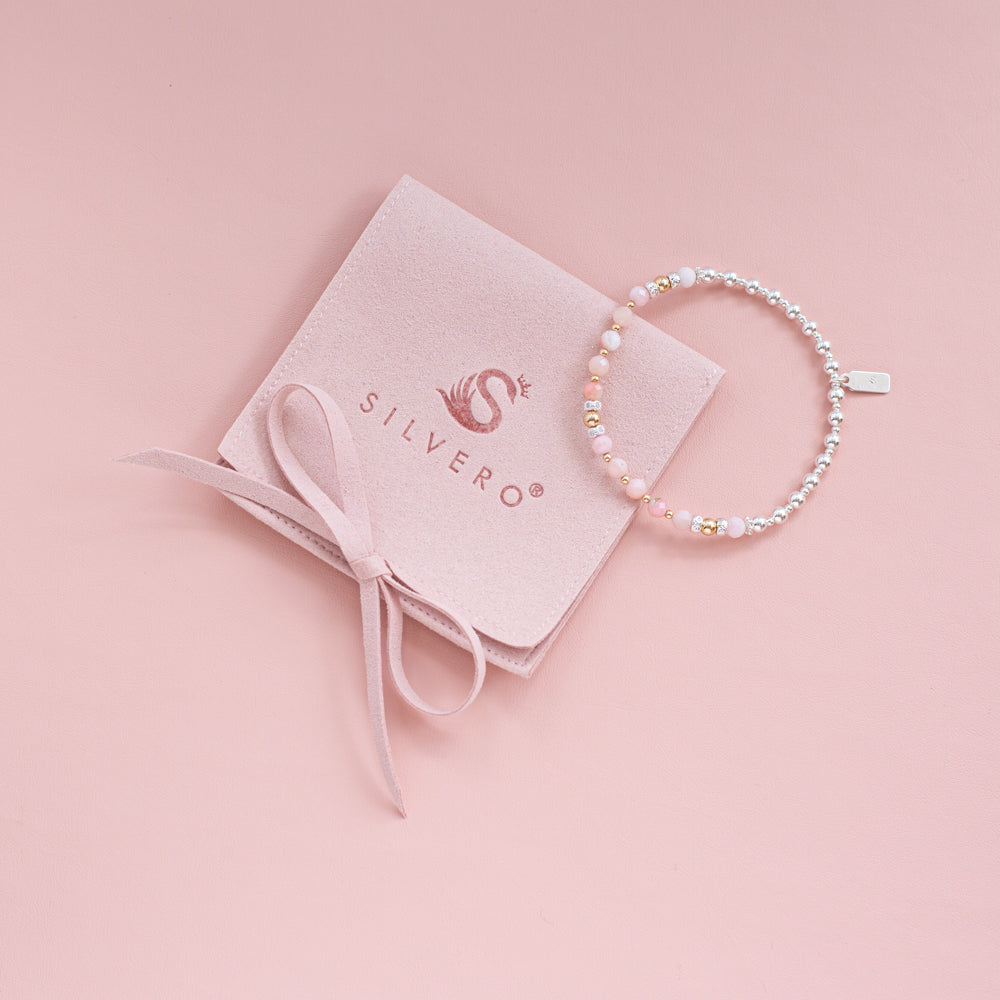 Romantic AAA quality Pink Opal silver bracelet with 14k gold filled beads