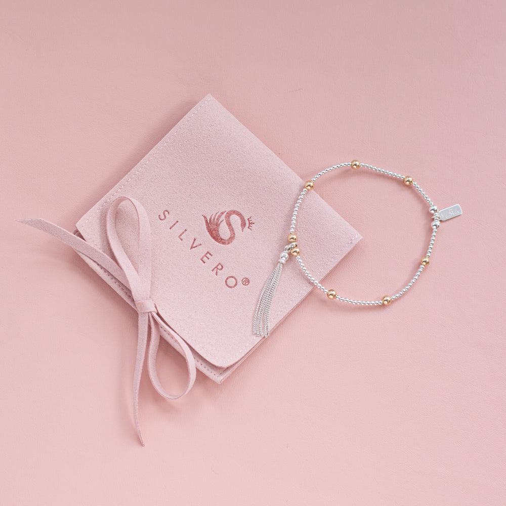 Delicate Tassel silver stacking bracelet with 14k gold filled beads
