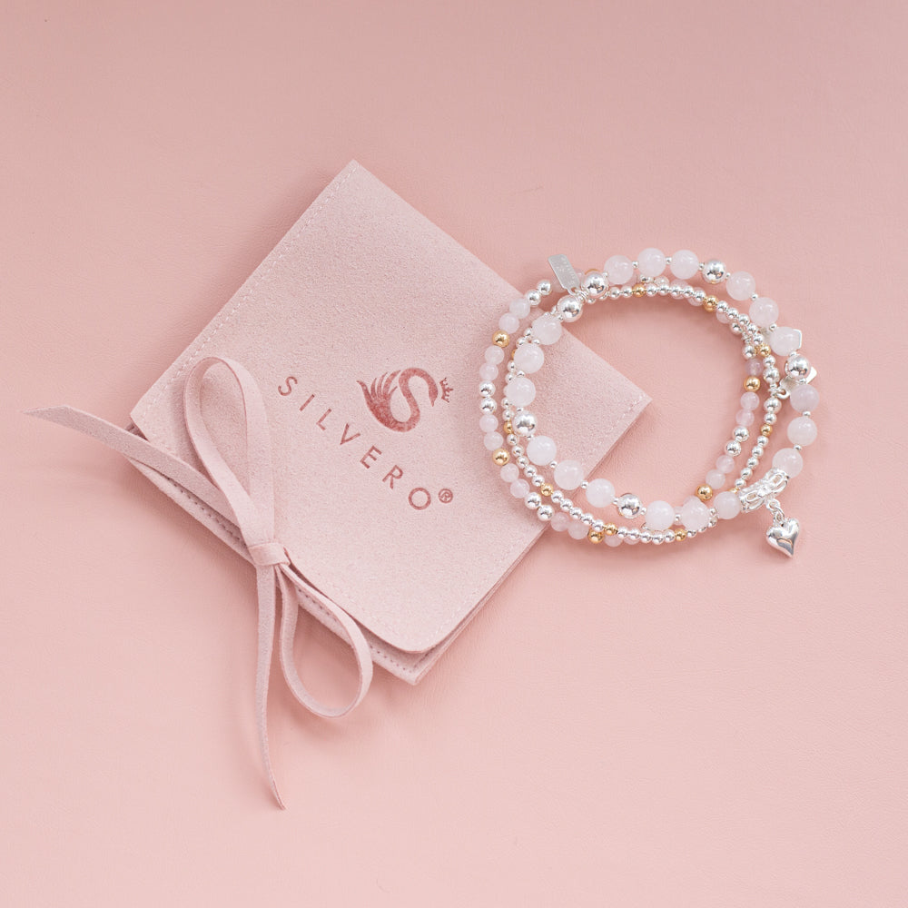 Luxury romantic Rose Quartz gemstone bracelet stack with 14k gold filled beads