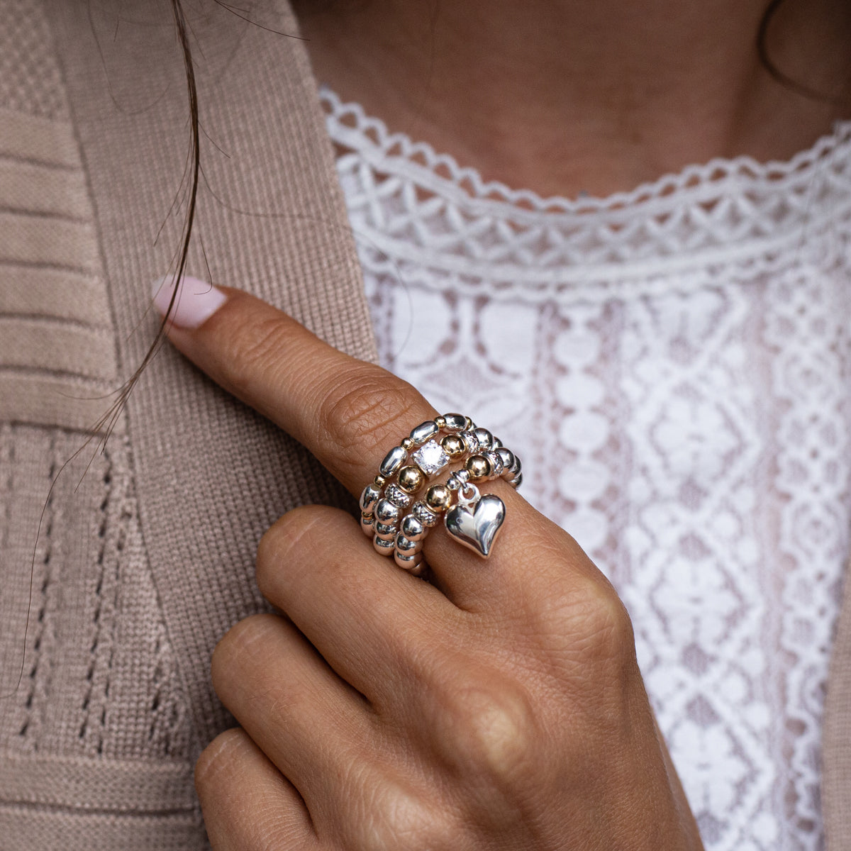 Infinite love ring stack with 14k gold filled beads