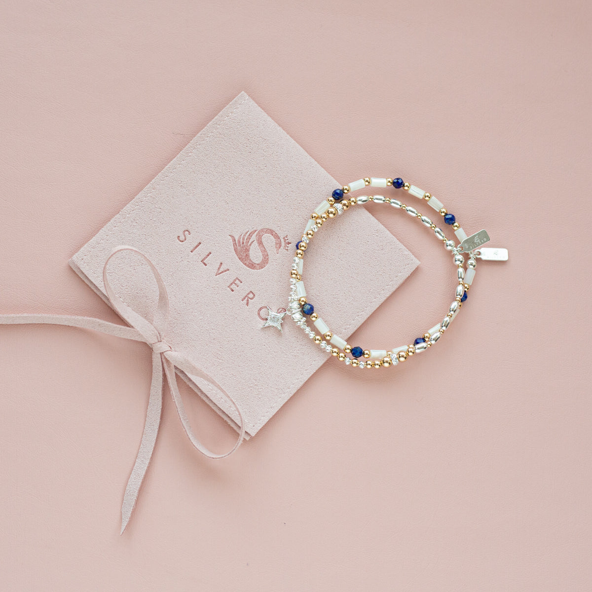 Aster bracelet stack with Lapis Lazuli and Mother of Pearl
