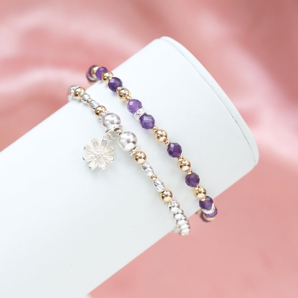 Luxury 925 sterling silver bracelet stack with Flower charm and Amethyst gemstone