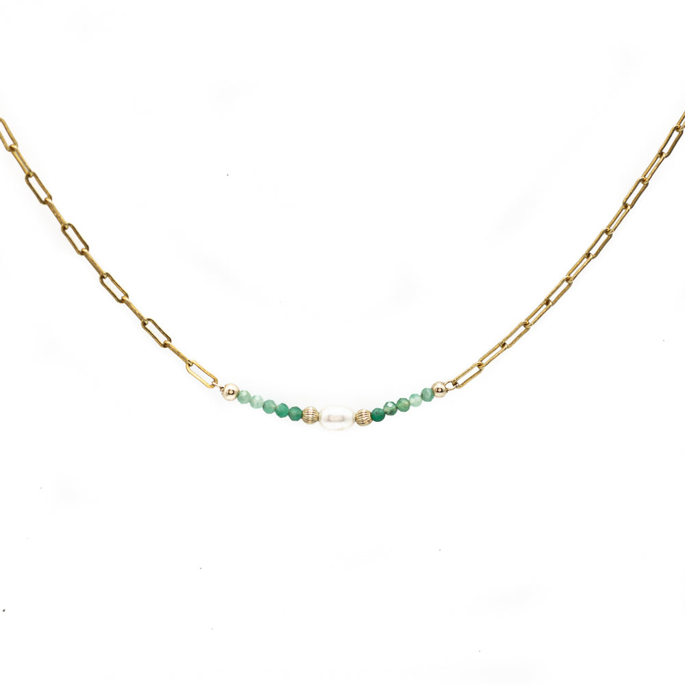 Luxury 14k gold filled link choker necklace with Emerald and Freshwater Pearl