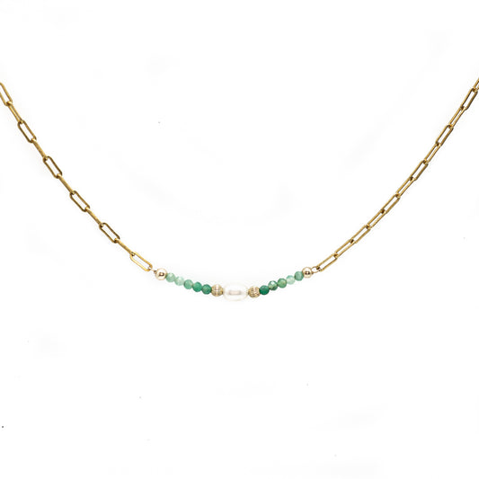 Luxury 14k gold filled link choker necklace with Emerald and Freshwater Pearl