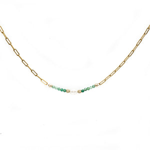Luxury 14k gold filled link choker necklace with Emerald and Freshwater Pearl