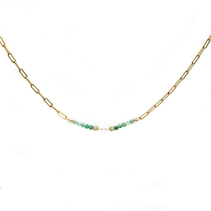 Luxury 14k gold filled link choker necklace with Emerald and Freshwater Pearl