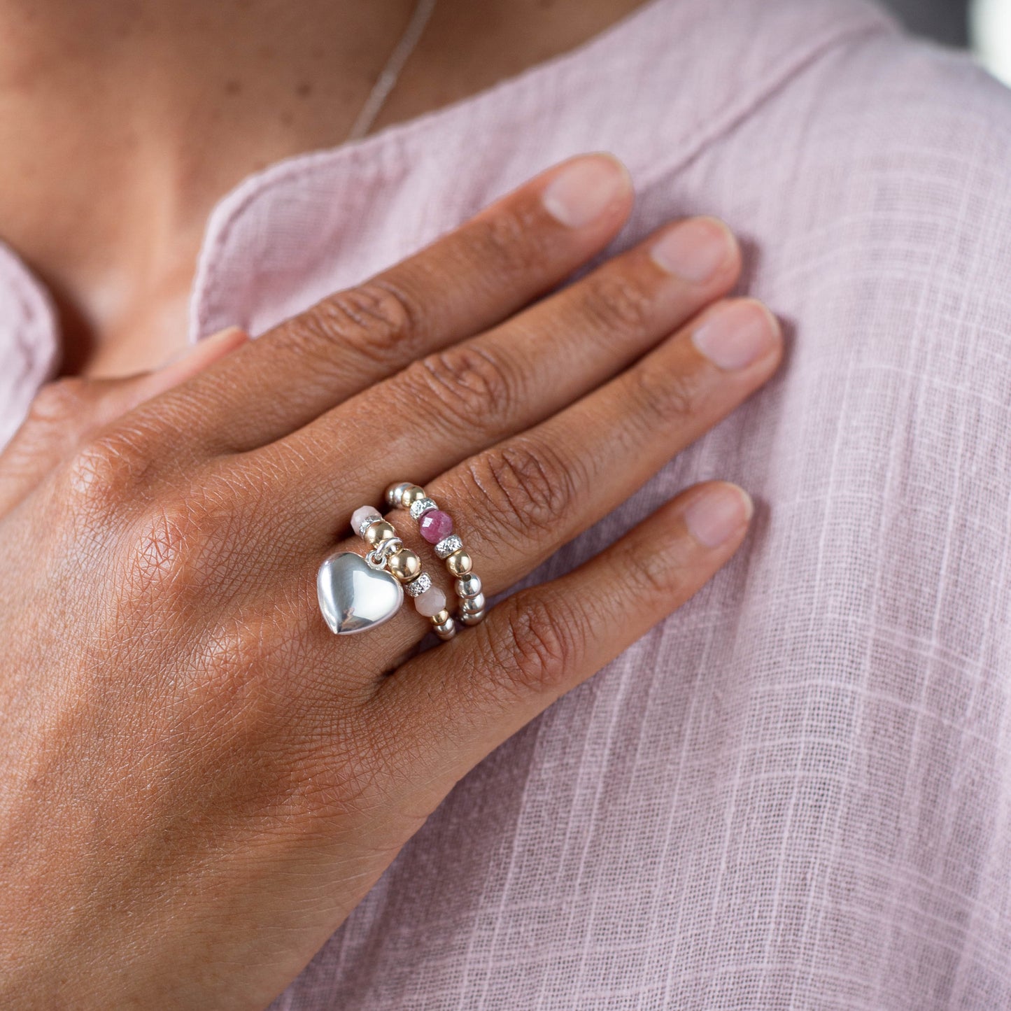 Chunky Heart stacking ring with Pink Opal and 14-karat gold