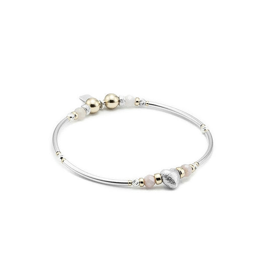 Silver Bangle Heart bracelet with Pink Opal and 14-karat gold