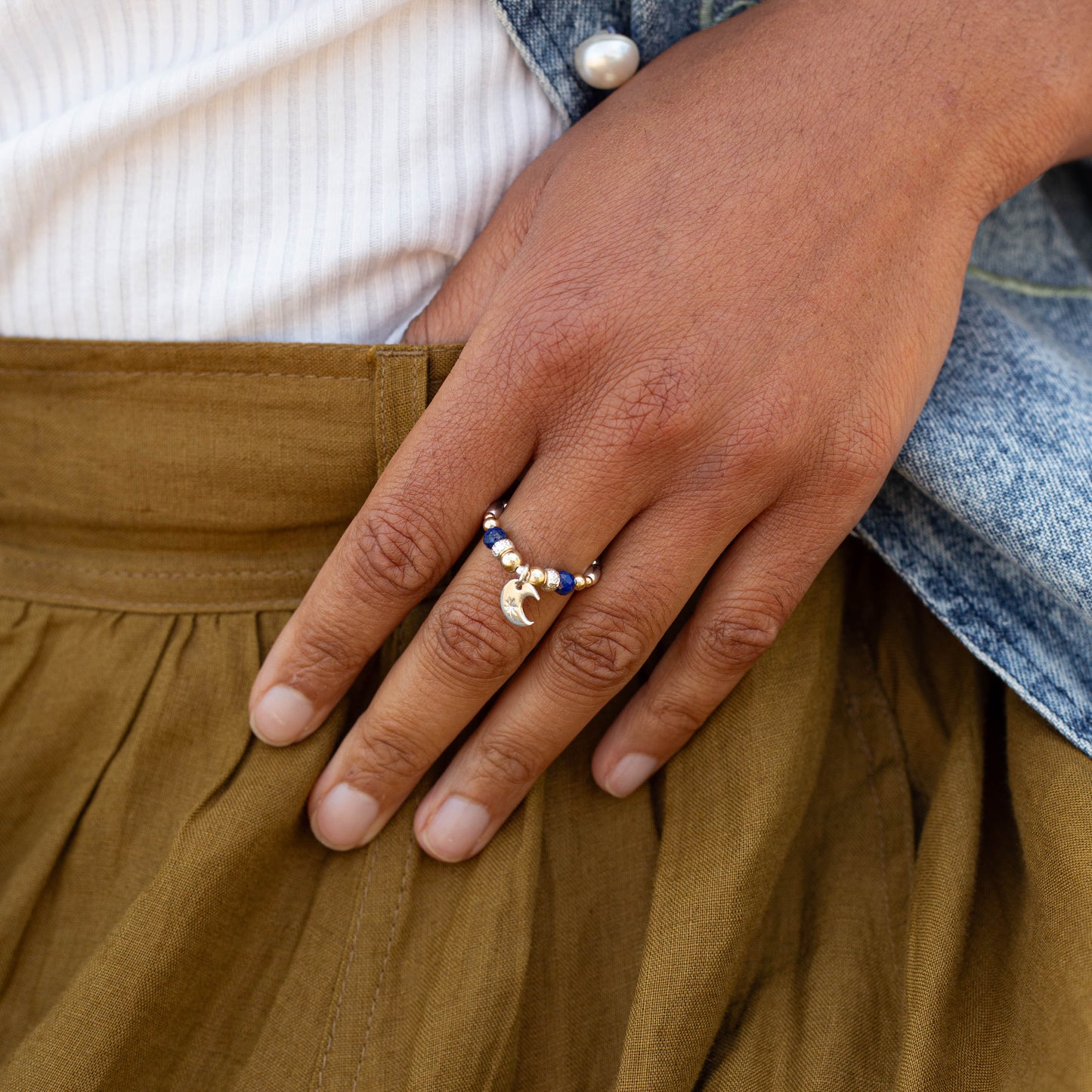 Magical Moon stacking ring with 14k gold and Lapis Lazuli