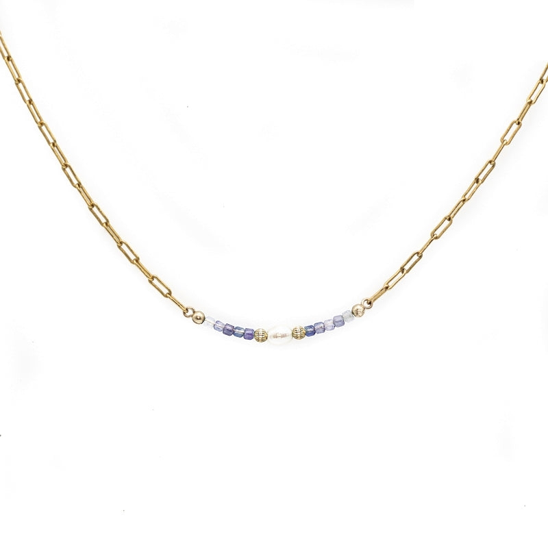 Luxury 14k gold filled link choker necklace with Tanzanite and Freshwater Pearl