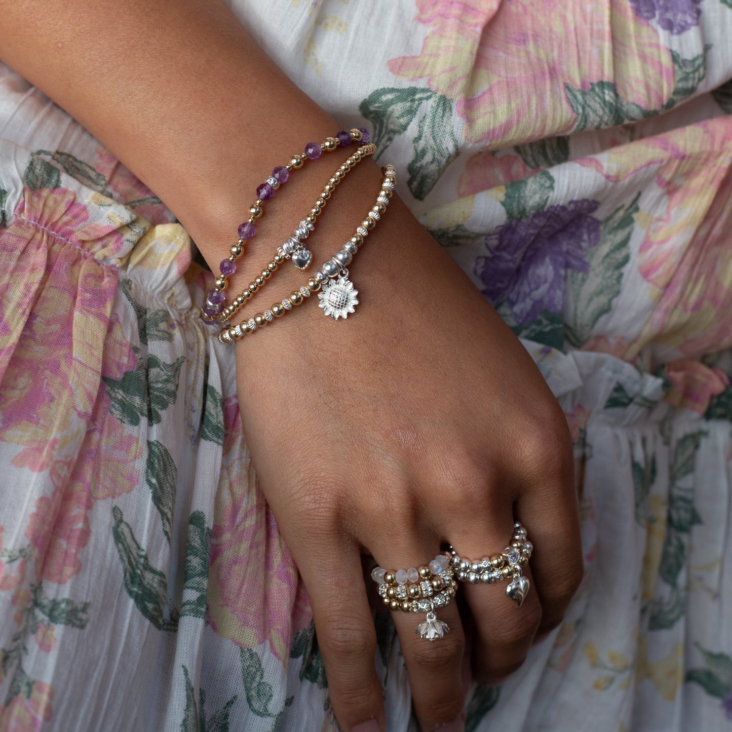 Golden Lotus ring stack with Moonstone gemstone