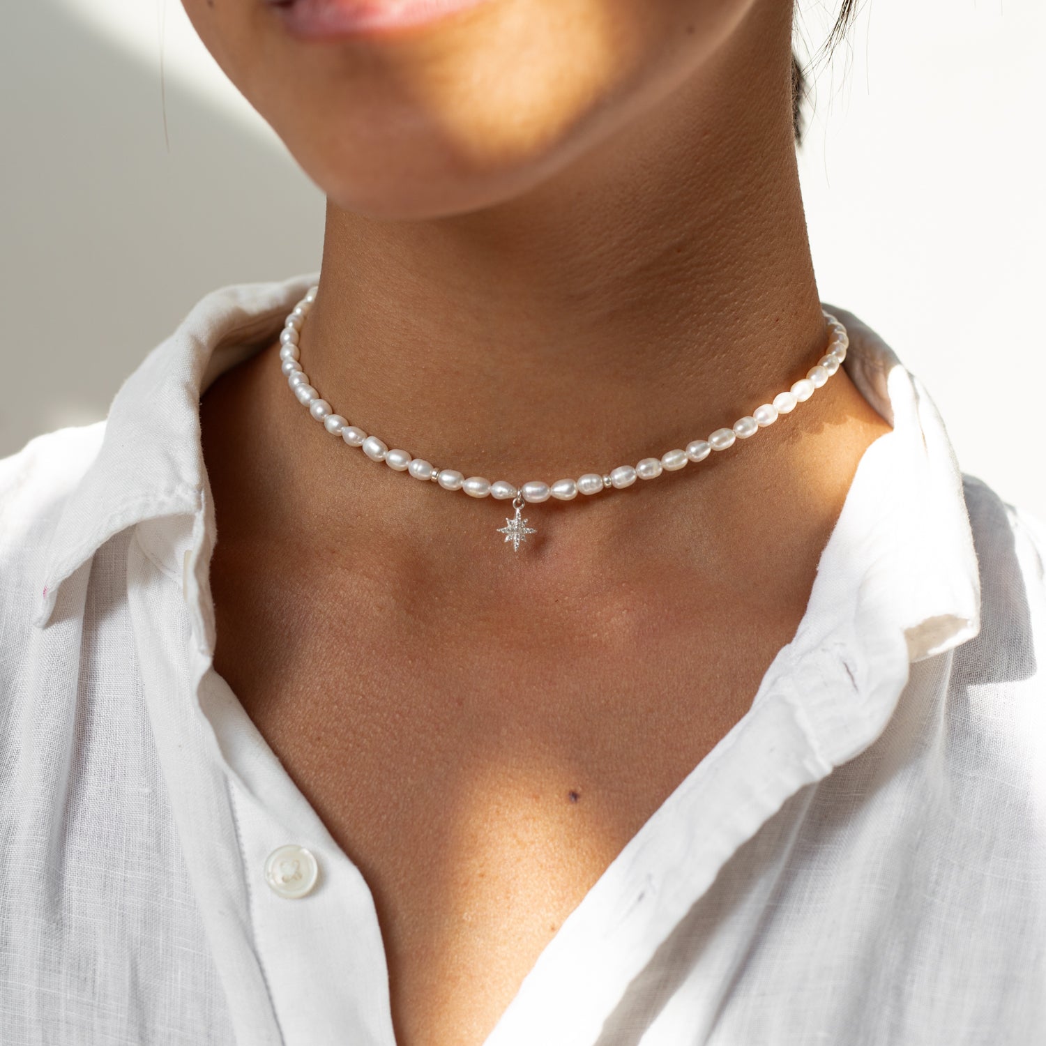 North Star sterling silver choker necklace with genuine Freshwater pearls