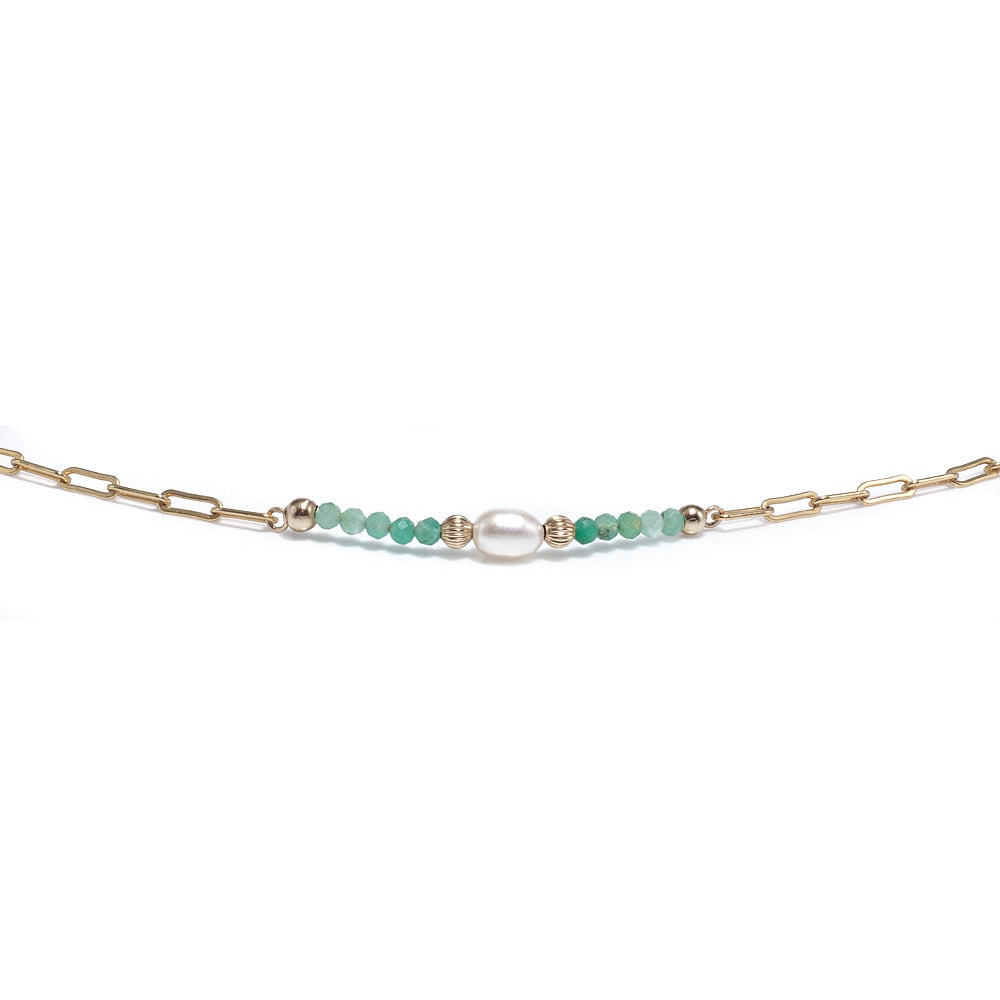 Luxury 14k gold filled link choker necklace with Emerald and Freshwater Pearl