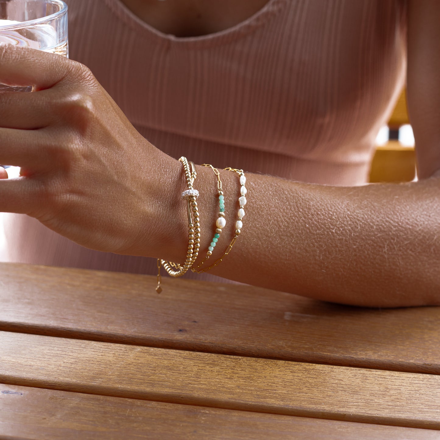 Minimalist 14k gold filled link chain bracelet with Emerald and Pearl