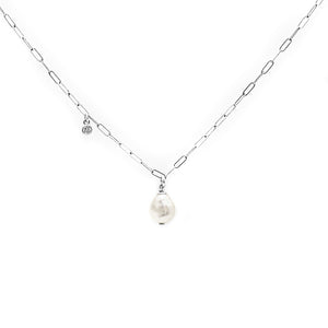 Baroque pearl 925 silver link chain necklace with Cubic Zirconia stone