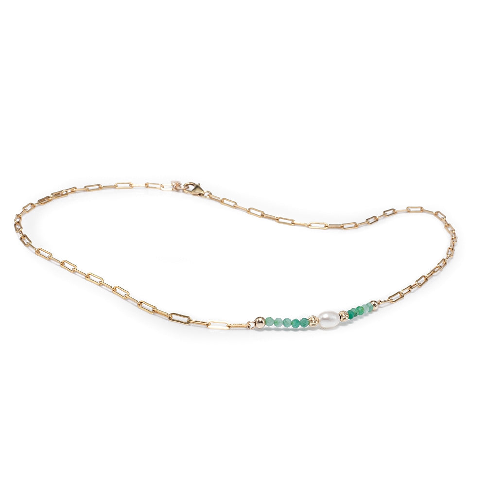 Luxury 14k gold filled link choker necklace with Emerald and Freshwater Pearl