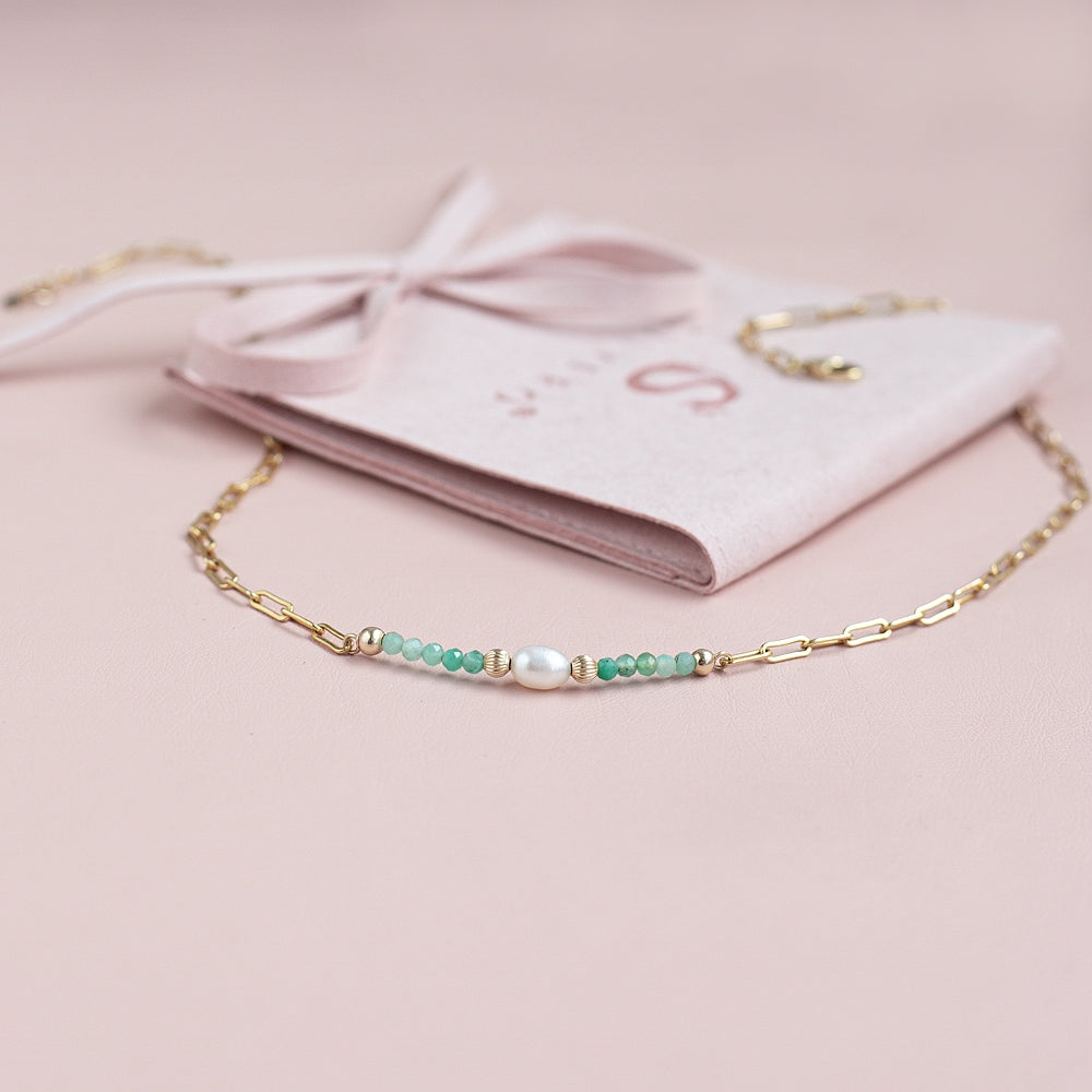 Luxury 14k gold filled link choker necklace with Emerald and Freshwater Pearl