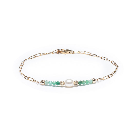 Minimalist 14k gold filled link chain bracelet with Emerald and Pearl