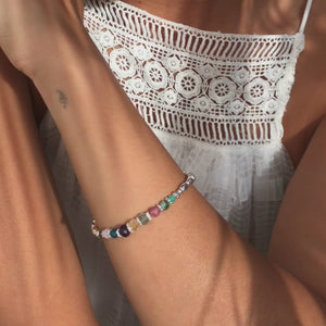 Colorful summer silver bracelet with Garnet, Tourmaline, Rutile Quartz, Fluorite and more