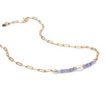 Load image into Gallery viewer, Luxury 14k gold filled link choker necklace with Tanzanite and Freshwater Pearl