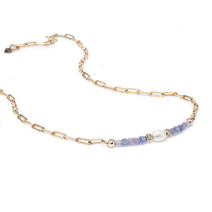 Luxury 14k gold filled link choker necklace with Tanzanite and Freshwater Pearl