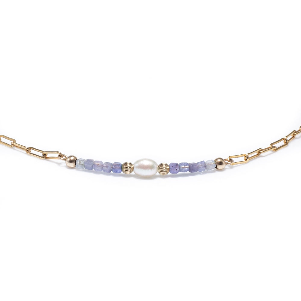 Luxury 14k gold filled link choker necklace with Tanzanite and Freshwater Pearl