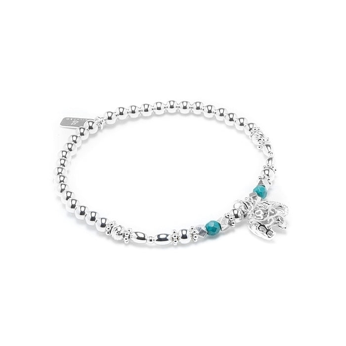 Oriental 925 sterling silver stretch stacking bracelet with Elephant charm and Turquoise gemstone