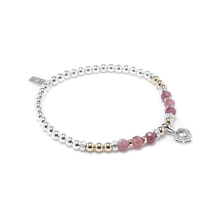 Luxury AAA Pink Tourmaline silver and 14k gold filled stacking bracelet with and Heart charm