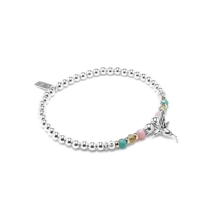 Luxury Hummingbird silver bracelet with Pink Opal, Green Garnet and Amazonite gemstones