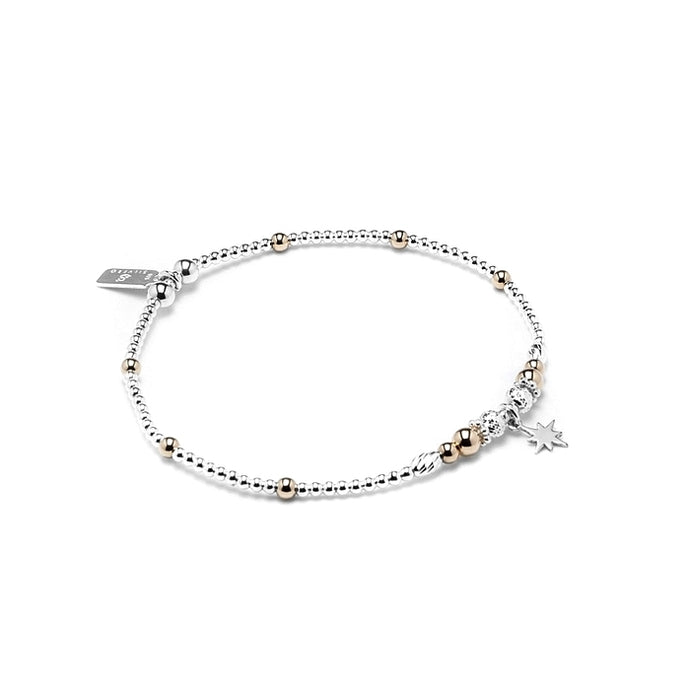 Minimalist dazzling North Star silver stacking bracelet with 14k gold filled beads