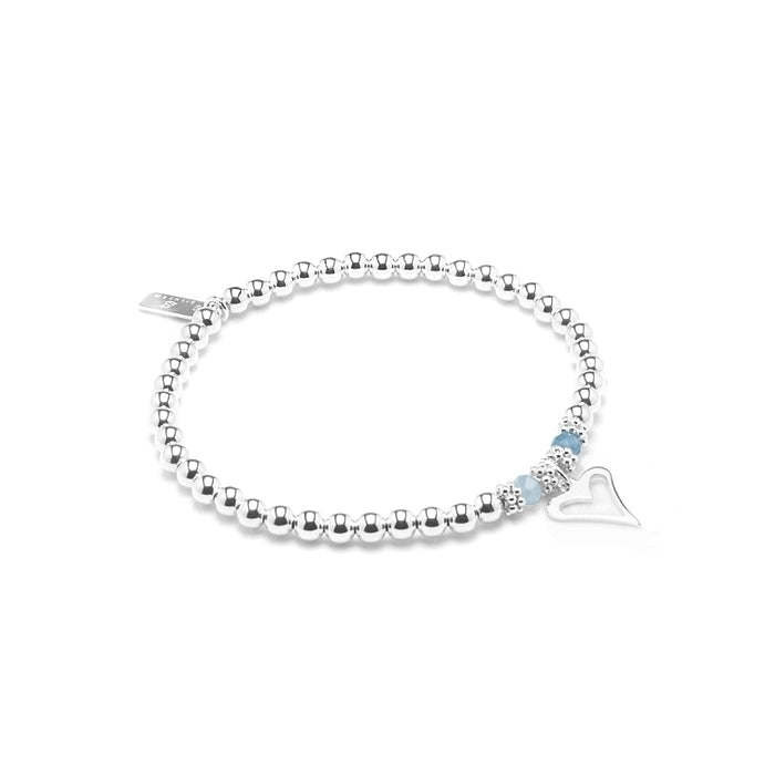 Romantic Heart silver stacking bracelet with Aquamarine gemstone