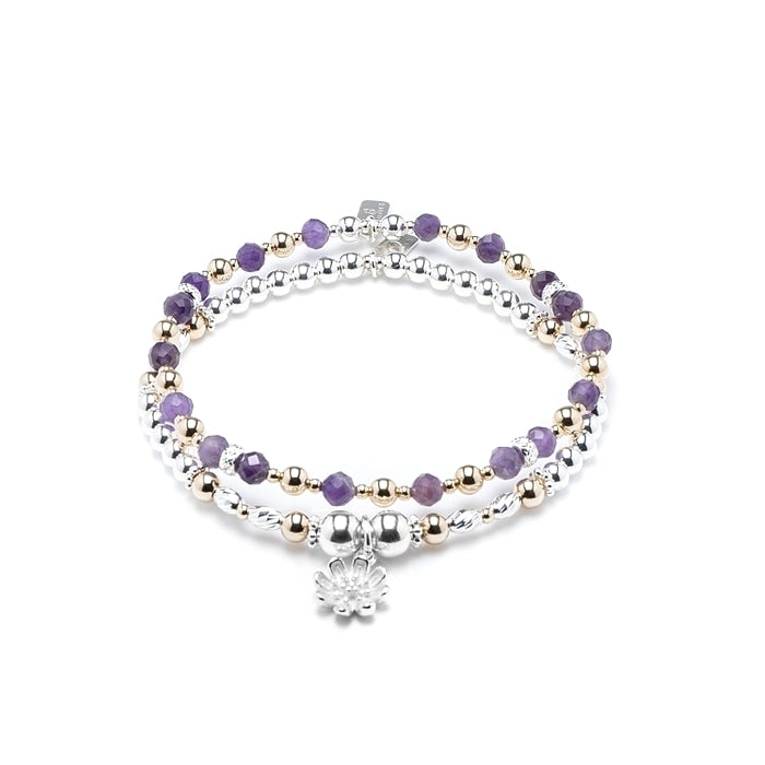 Luxury 925 sterling silver bracelet stack with Flower charm and Amethyst gemstone