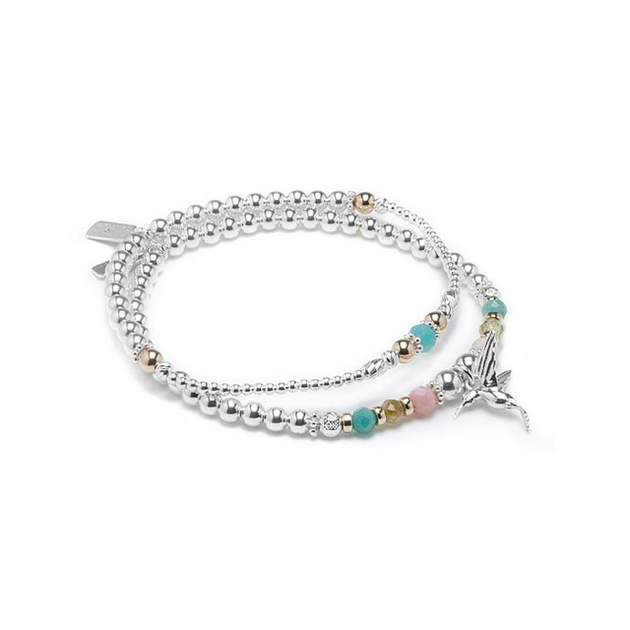 Exotic Hummingbird bracelet stack with Amazonite, Opal and Garnet gemstones