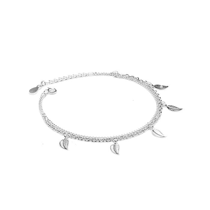 Delicate layered 925 sterling silver chain bracelet with tiny leaf charms