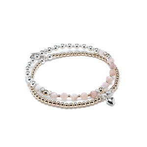 Romantic pink Opal and 14k gold filled bracelet stack with tiny heart charm